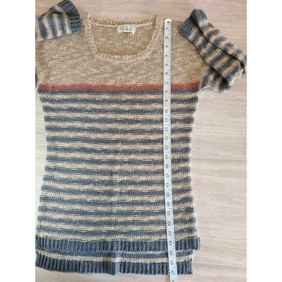 Pink Rose Striped Sweater L Loose Knit 3/4 Sleeve Pullover Beige Blue Rust Acryi - Picture 5 of 8